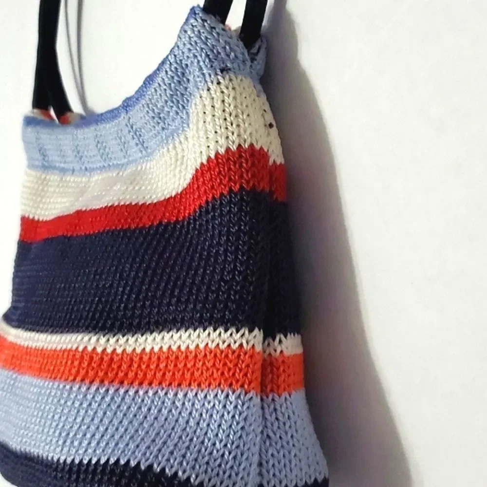 Worthington Retro Y2K Blue Striped Top Handle Knitted Mini Hobo Bag